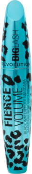 Revolution Big Lash Fierce Volume Waterproof Mascara w turkusowej tubce z czarnym leopardzim wzorem, widok z przodu.
