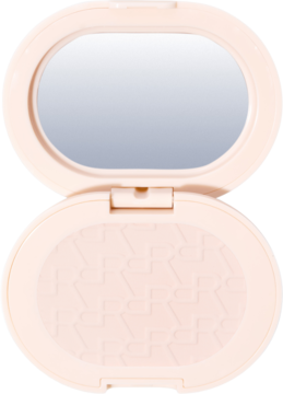 Otwarty, owalny puder do twarzy Powder Pops w jasnoróżowej kasetce z lusterkiem i tłoczonym wzorem.