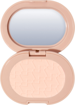 Otwarty puder prasowany Powder Pops Instant Blur Setting, odcień Peach, z lusterkiem i delikatnym wzorem.