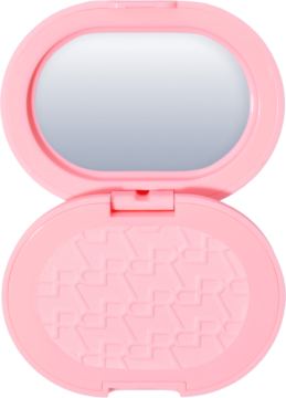 Powder Pops Instant Blur Setting Powder: otwarte różowe opakowanie z lusterkiem i wzorem, prasowany puder.