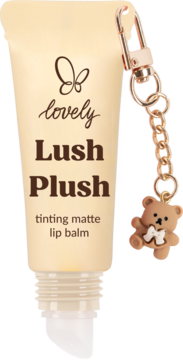 Beżowy tinting matte balsam Lovely Lush Plush z misiem-brelokiem, zbliżenie na widoczny aplikator.