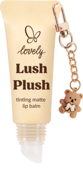 Beżowy balsam do ust Lovely Lush Plush, matowy i barwiący, z zawieszką misia, widok z przodu.