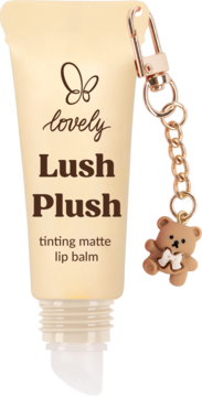 Balsam do ust lovely Lush Plush w beżowej tubce z misiem-brelokiem, widok z przodu, otwarty aplikator.