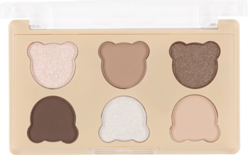 Paleta cieni do powiek. Beżowa kasetka z 6 neutralnymi cieniami w kształcie misiów: matowe, błyszczące brązy i beże.