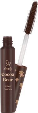 Brązowy tusz do rzęs Lovely Cocoa Bear. Otwarta buteleczka i wyjęta silikonowa szczoteczka z motywem misia.