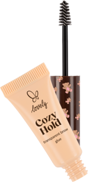 Lovely Cozy Hold transparent brow glue: beżowa tubka i brązowa z aplikatorem, ułożone pod kątem, z wzorem misiów.