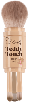 lovely Teddy Touch kompaktowy zestaw pędzli, beżowe etui z dużym pędzlem u góry, trzy małe u dołu.
