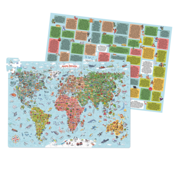 Puzzle edukacyjne 300 el. – ilustrowana mapa świata z budowlami, zwierzętami i ciekawostkami, obok arkusz z opisami.