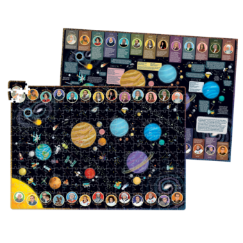 Duże, kolorowe 300-elementowe puzzle edukacyjne Układ Słoneczny z planetami i kosmicznymi odkrywcami.