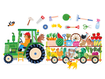 Zestaw puzzli podłogowych dla dzieci 2+: zielony traktor z wagonem pełnym warzyw i zwierząt, plus 12 puzzli z narzędziami.