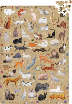 Puzzle Puzzlove 1000 elementów z barwną ilustracją różnorodnych kotów na beżowym tle, widok z góry.