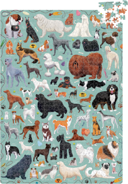 Puzzlove puzzle 1000 elementów: ilustracja setek psów różnych ras, wielu kolorów, na jasnym turkusowym tle, widok z góry.