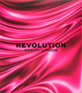 Opakowanie Revolution Beauty London z efektem płynnego, błyszczącego, fuksjowego koloru z czarnym napisem.