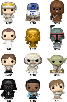 12 figurek Funko Pop! z Gwiezdnych Wojen, m.in. Vader, R2-D2, Leia i Boba Fett, na czarnym tle.