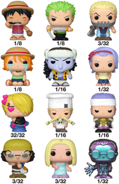 Zestaw 12 figurek Funko Pop z One Piece, m.in. Luffy, Zoro, Nami, Sanji, na czarnym tle, ułożone 3x4.