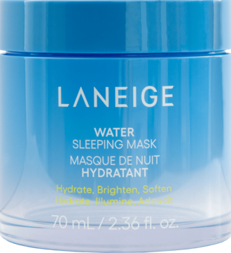 LANEIGE Water Sleeping Mask w przezroczystym, błękitnym słoiku, widok z przodu, z napisem Hydrate, Brighten, Soften.