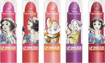 Pięć pionowych błyszczyków Lip Smacker Disney Princess Królewna Śnieżka, różne kolory, z postaciami z bajki.