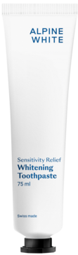 Alpine White Sensitivity Relief Whitening Toothpaste 75ml, biała tubka z niebieskim napisem, widok z przodu.
