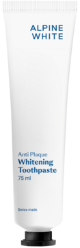 Biała tubka pasty Alpine White Anti Plaque Whitening Toothpaste 75 ml z niebieskim tekstem, widok z przodu.