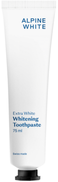Alpine White Whitening Toothpaste Extra White, biała tuba 75 ml, niebieskie napisy, widok z przodu.