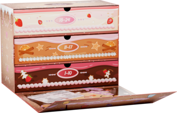 Kalendarz adwentowy Fluff Ms Claus’ Bakery, trzypoziomowe pudełko z kosmetykami w deserowych odcieniach, otwarty dół.