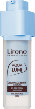 Lirene Aqua Lumi Gel Base-Serum nawilżające z kwasem hialuronowym w jasnoniebiesko-białej butelce z pompką, widok z przodu.