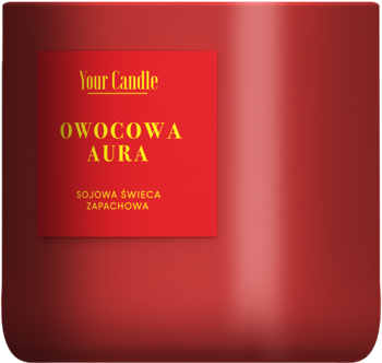 Czerwona sojowa świeca zapachowa Your Candle OWOCOWA AURA, widok z przodu, zbliżenie na złotą etykietę.