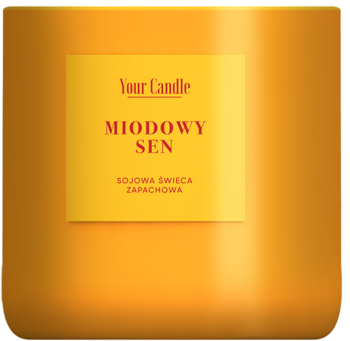 Bursztynowa świeca sojowa Your Candle Miodowy Sen w szklanym słoiku z żółtą etykietą, widok z przodu.