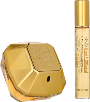 Złote perfumy Lady Million Paco Rabanne w diamentowym flakonie i złoty atomizer podróżny, widok z przodu.