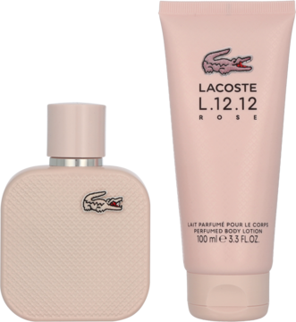 Zestaw Lacoste L.12.12 Rose: różowa woda perfumowana w teksturowanej butelce i perfumowany balsam, widok z przodu.