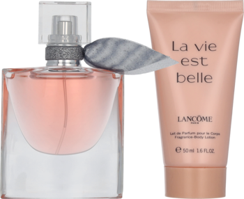 Zestaw Lancôme La vie est belle: perfumy w szklanej butelce i balsam do ciała w różowej tubce, widok z przodu.