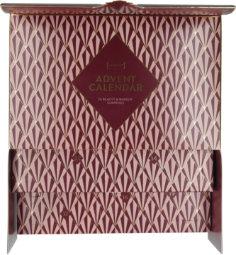 Sence Beauty Advent Calendar, burgundowy z geometrycznym wzorem, widok z przodu, lekko otwarty.
