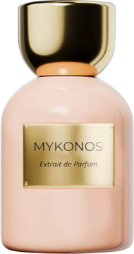 Mykonos Extrait de Parfum, waniliowy zapach w brzoskwiniowej butelce ze złotą nakrętką, widok frontalny.