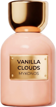 Ekstrakt perfum Mykonos Vanilla Clouds w matowej, różowej butelce, złotym korkiem i etykietą, widok z przodu.