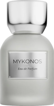 Mykonos Slow Living Eau de Parfum, szara matowa butelka ze srebrną etykietą, cytrusowo-aromatyczny zapach.