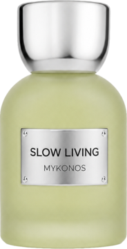 Mykonos Slow Living Woda perfumowana damska, jasnozielona butelka, srebrny korek, cytrynowo-kwiatowy, przód.