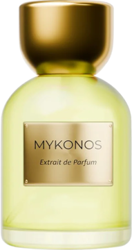 Mykonos Extrait de Parfum Matcha Latte, jasnozielona butelka, złoty korek i etykieta, widok z przodu.