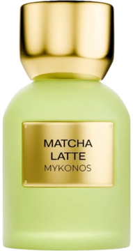 Ekstrakt perfum Mykonos Matcha Latte, butelka w kolorze matcha z matowym wykończeniem, złota etykieta i nakrętka, widok z przodu.