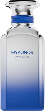 MYKONOS perfumy męskie 100ml, butelka w gradientowym błękicie i srebrze, z niebieskim paskiem, widok z przodu.