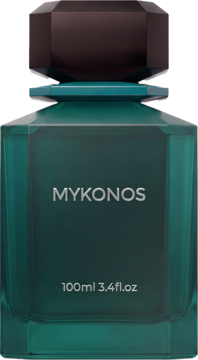 Męskie perfumy Mykonos 100ml w ciemnozielonej butelce z fasetowanymi ściankami i ciemną zakrętką, widok z przodu.