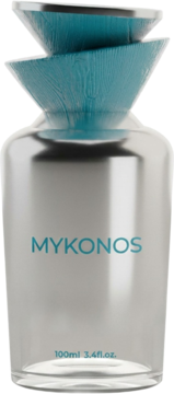 Srebrny flakon perfum MYKONOS 100ml z turkusową, warstwową nakrętką o teksturze drewna, widok z przodu.