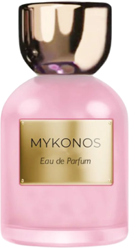 Mykonos Pink Beach Eau de Parfum w różowej, zaokrąglonej butelce ze złotą etykietą i nakrętką. Widok z przodu.