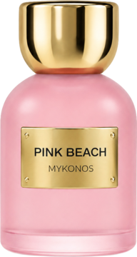 Mykonos Pink Beach woda perfumowana dla kobiet, różowa butelka ze złotym korkiem i etykietą, przód.