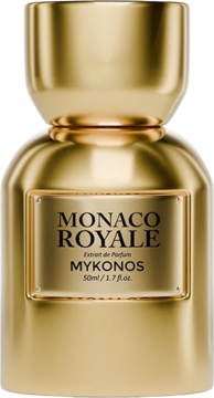 Złota butelka perfum Monaco Royale Mykonos 50ml, błyszcząca, z etykietą, widok z przodu, owocowo-drzewny zapach.