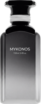 Męskie perfumy MYKONOS 100ml w smukłej butelce z czarno-szarym gradientem i czarną zakrętką, widok z przodu.