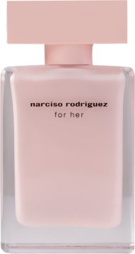 Jasnoróżowa woda perfumowana Narciso Rodriguez for her w prostokątnej matowej butelce, widok z przodu.
