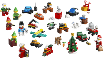 LEGO City Kalendarz adwentowy 2026, mnóstwo świątecznych minifigurek i mini-modeli na czarnym tle.