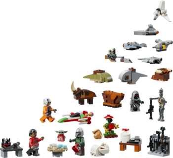 LEGO Star Wars Kalendarz adwentowy 75456: minifigurki Mando, Grogu, świąteczne pojazdy i stwory z Mandaloriana, na czarnym tle.