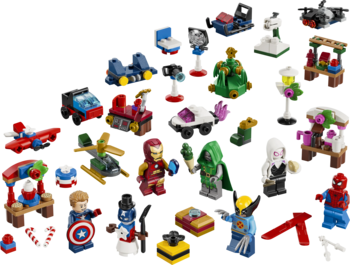 LEGO Marvel Kalendarz adwentowy 2026. Rozrzucone figurki Iron Mana, Spider-Mana, Wolverine'a i mini-modele.