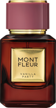 Mont Fleur Vanilla Party, orientalno-waniliowy zapach. Brązowa butelka z różowym korkiem, złotą etykietą, widok z przodu.